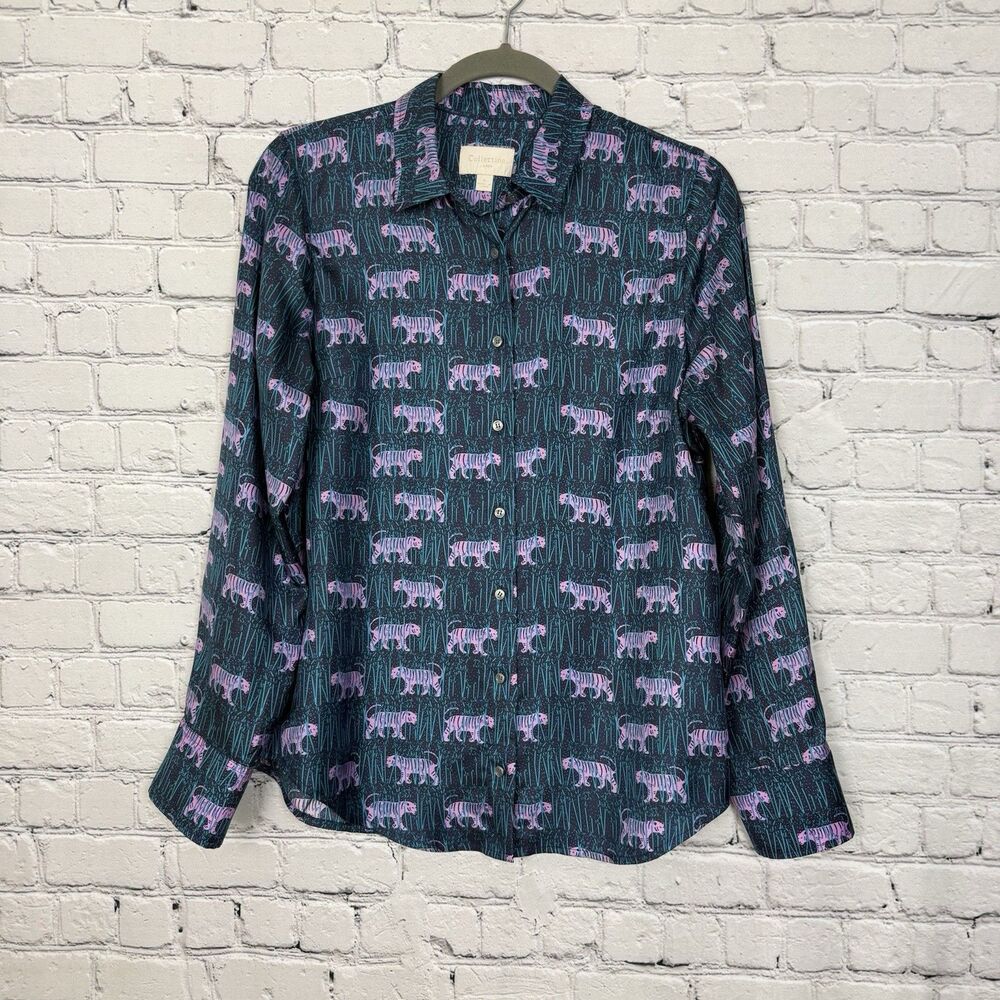 J Crew Collection Silk Twill Shirt Tiger Navy Jungle Novelty Print Womens 8 Boho